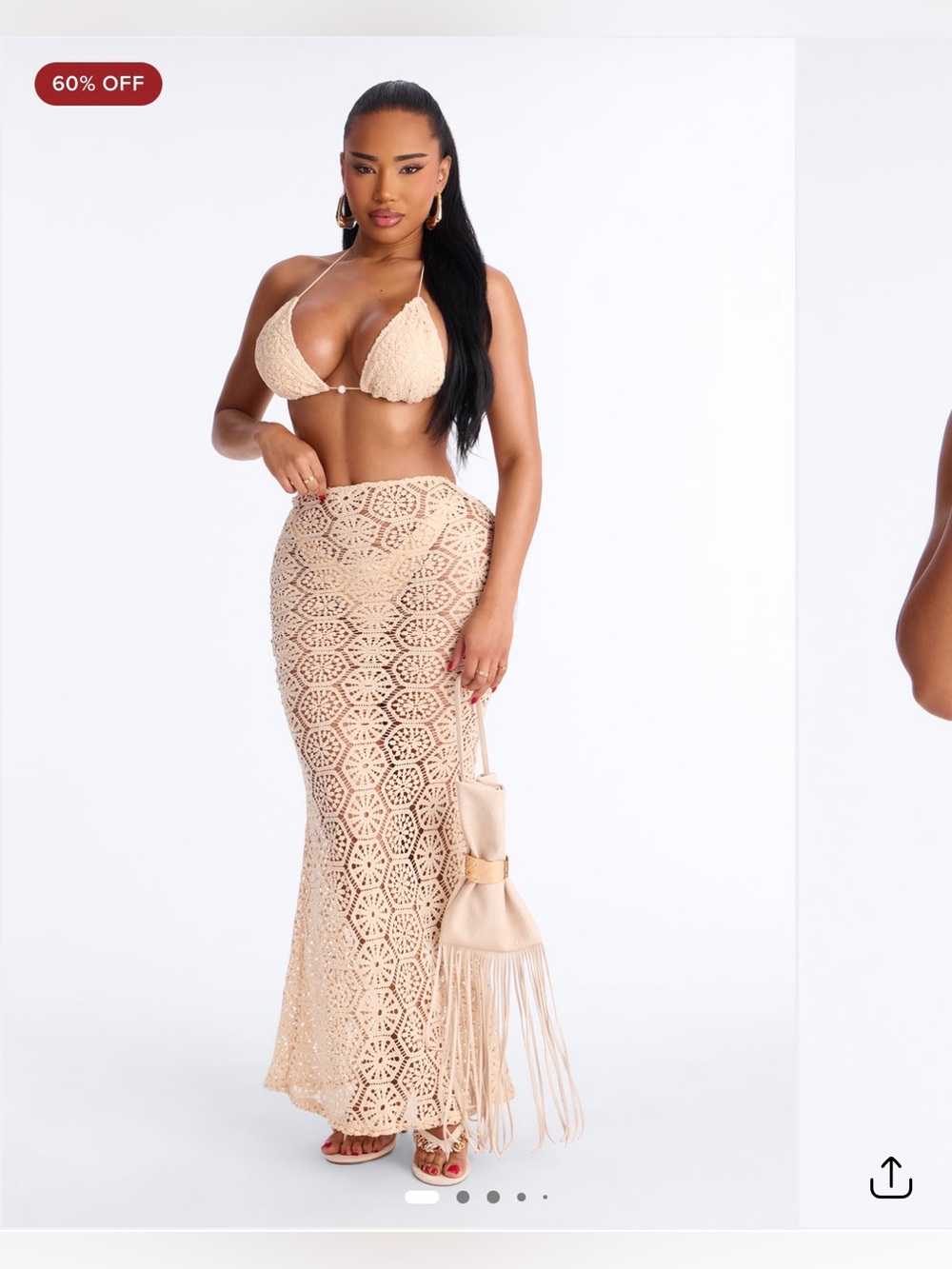 Fashion Nova Beige Crochet Triangle Bikini Top & bottom & Maxi Cover-Up Set